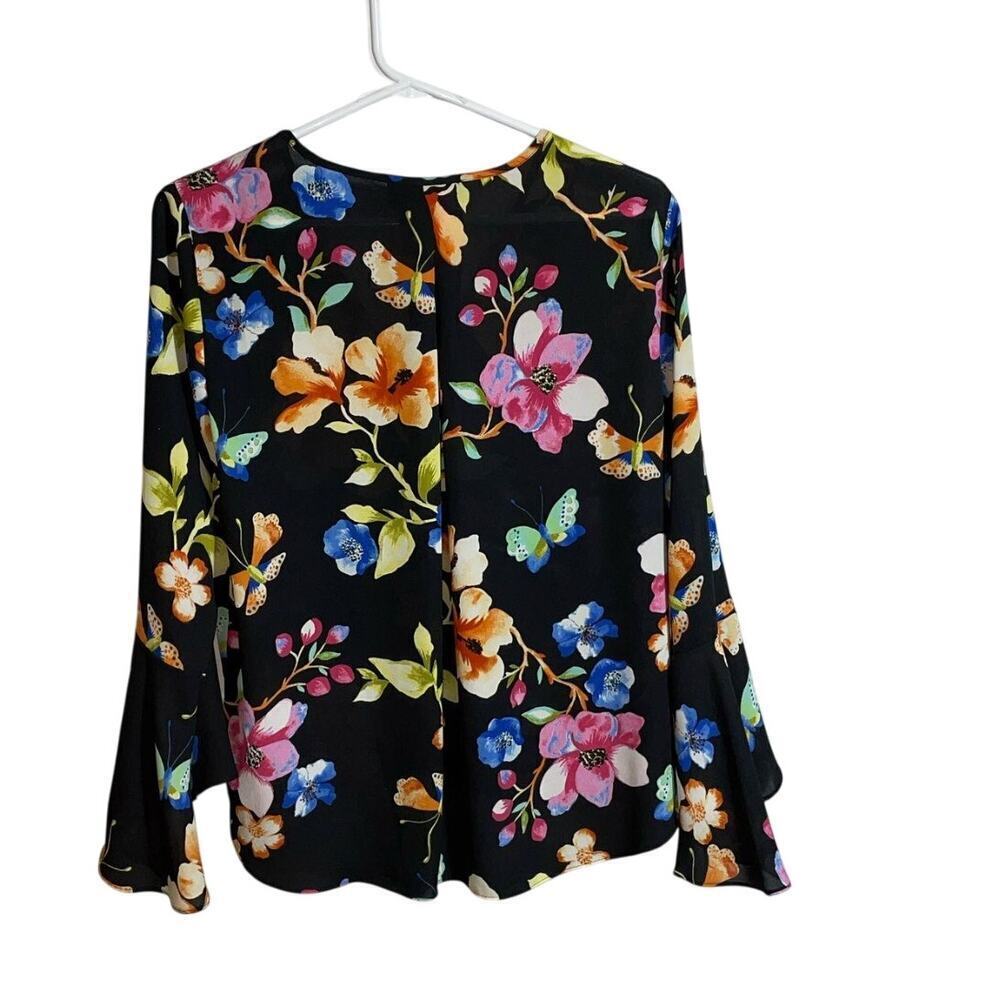 Women’s PM Black Floral V-Neck Blouse INC International‎ Concepts Bell Sleeve